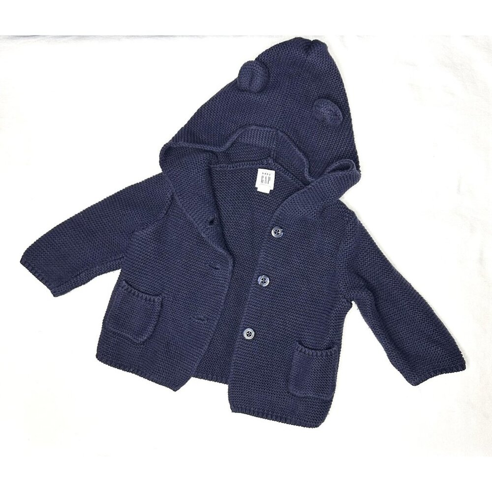 Baby Gap Sweater Baby 3-6 Months Navy Hooded Cardigan Bear Ears Knit Buttons